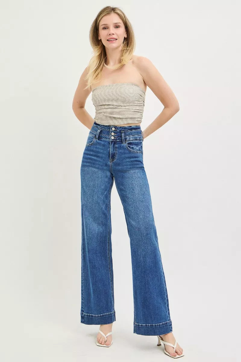 RISEN High Rise Wide Leg Wide Band Detail Jeans | STAHlin RADIANCE