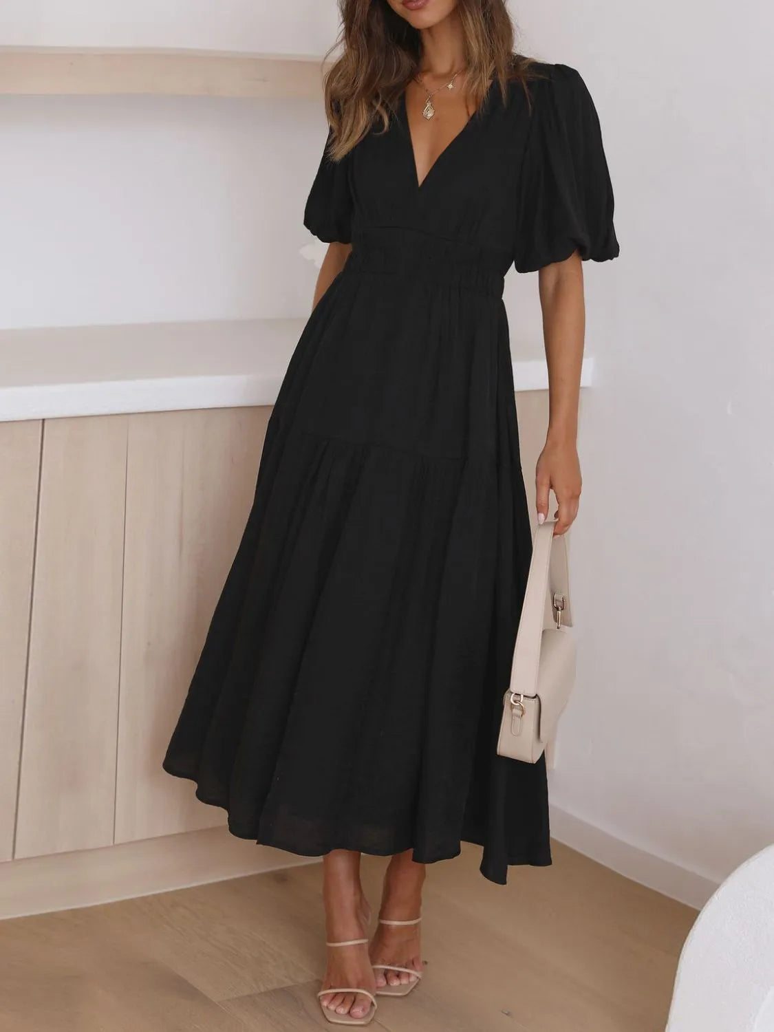 V-Neck Puff Sleeve Midi Dress | STAHlin RADIANCE