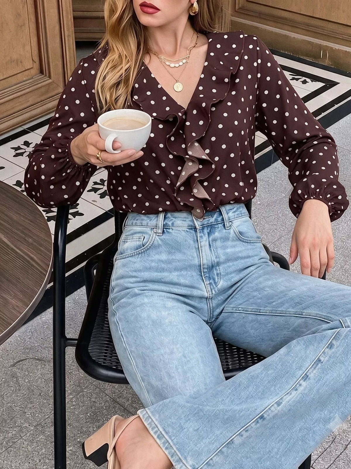 Polka Dot Ruffled V-Neck Bodysuit | STAHlin RADIANCE