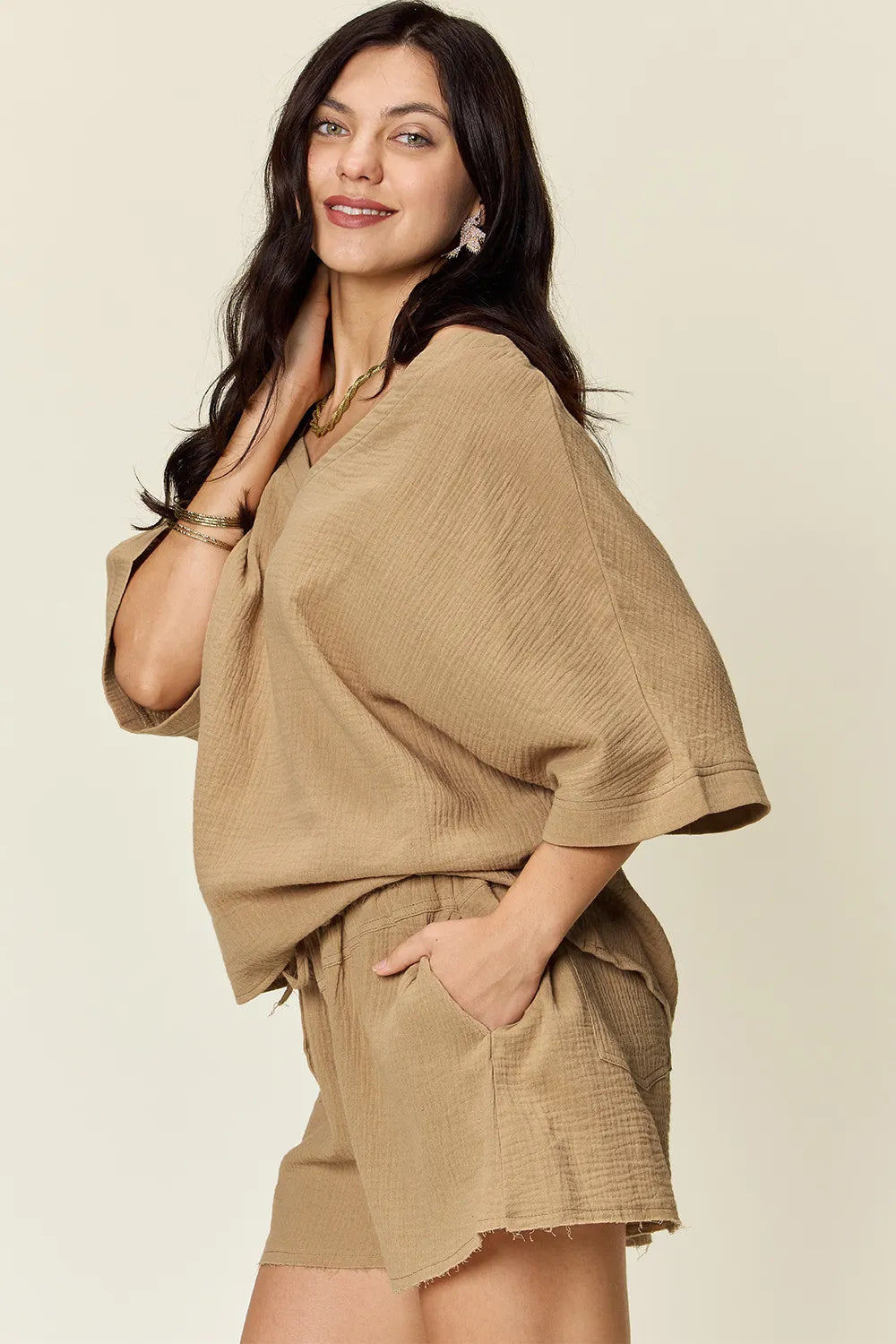 Double Take Texture Half Sleeve T-Shirt and Drawstring Shorts Set | STAHlin RADIANCE