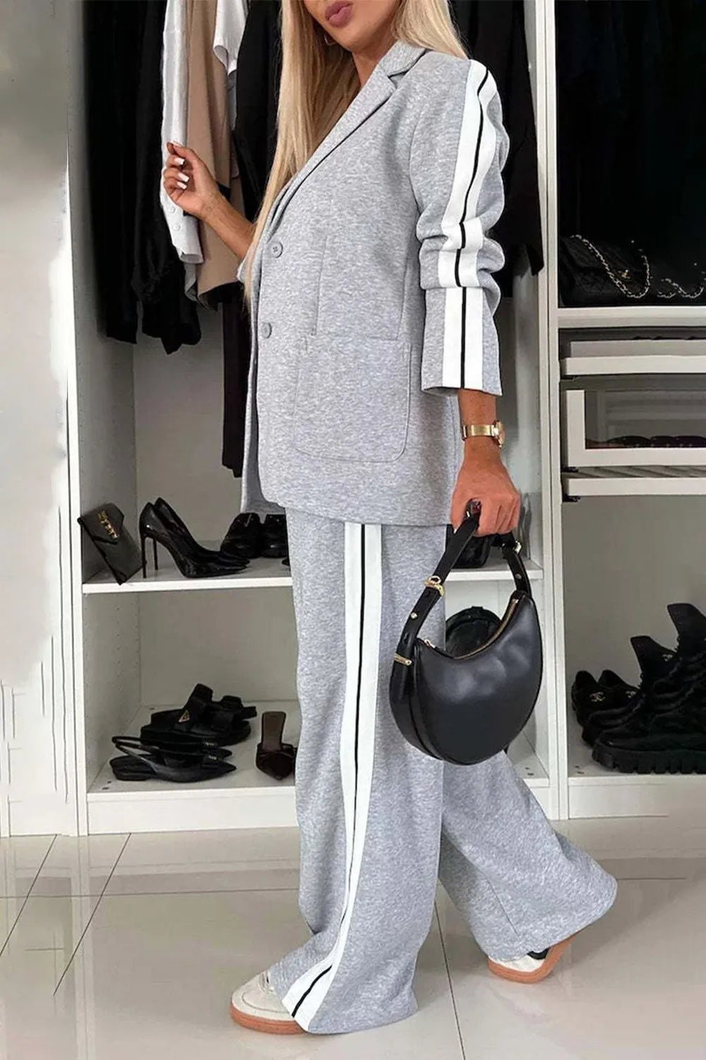 Full Size Contrast Lapel Collar Top and Pants Set | STAHlin RADIANCE