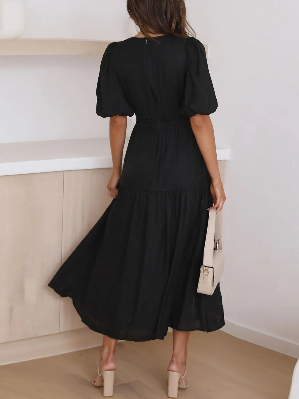V-Neck Puff Sleeve Midi Dress | STAHlin RADIANCE