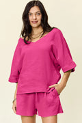 Double Take Texture Half Sleeve T-Shirt and Drawstring Shorts Set | STAHlin RADIANCE