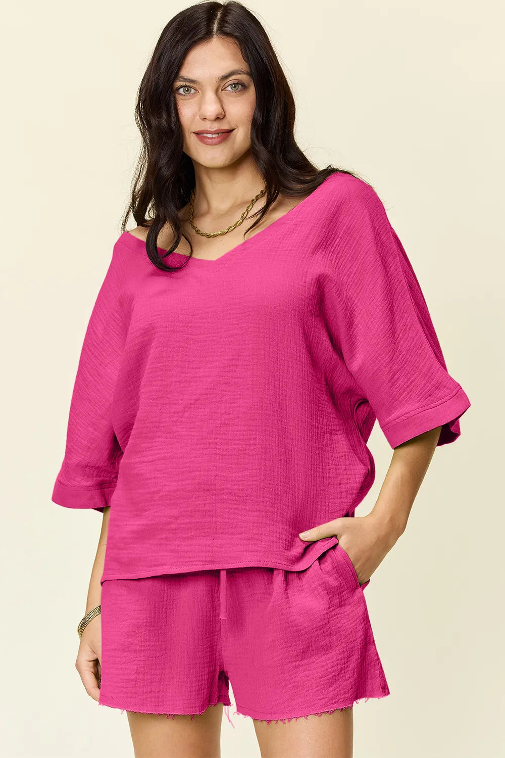 Double Take Texture Half Sleeve T-Shirt and Drawstring Shorts Set | STAHlin RADIANCE