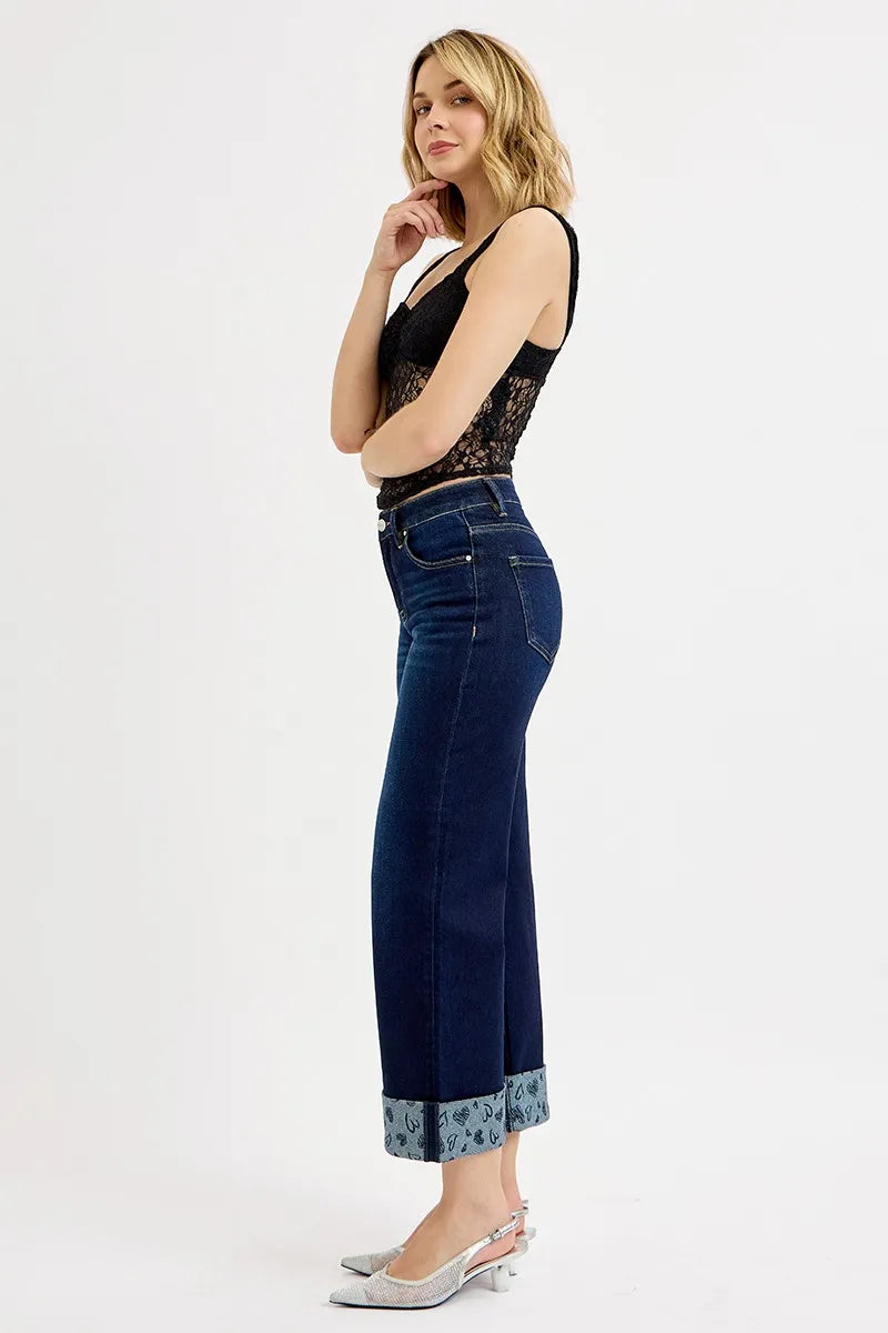 RISEN Full Size Mid Rise Fit Crop Wide With Printed Cuff Jeans Plus Size | STAHlin RADIANCE