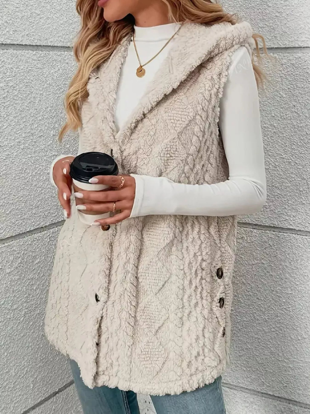 Hooded Button-Up Sherpa Vest Coat | STAHlin RADIANCE