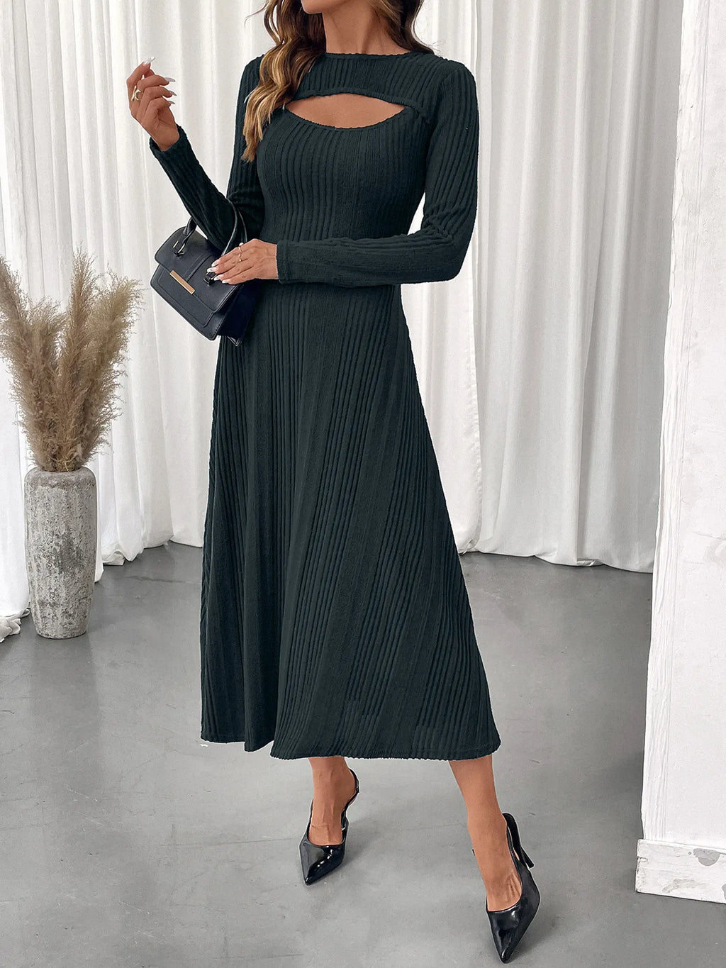 Ribbed Knit Cutout Long Sleeve Midi Dress | STAHlin RADIANCE