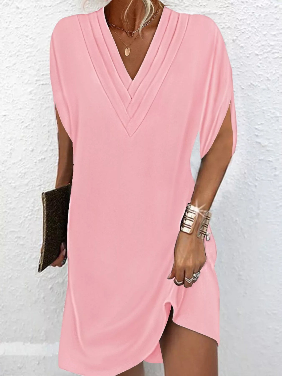 Full Size V-Neck Slit Sleeve Mini Dress Plus Size | STAHlin RADIANCE