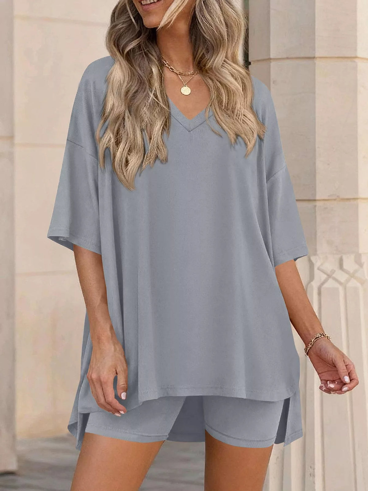 Full Size Casual Loose V-Neck T-Shirt & Shorts Set Plus Size | STAHlin RADIANCE