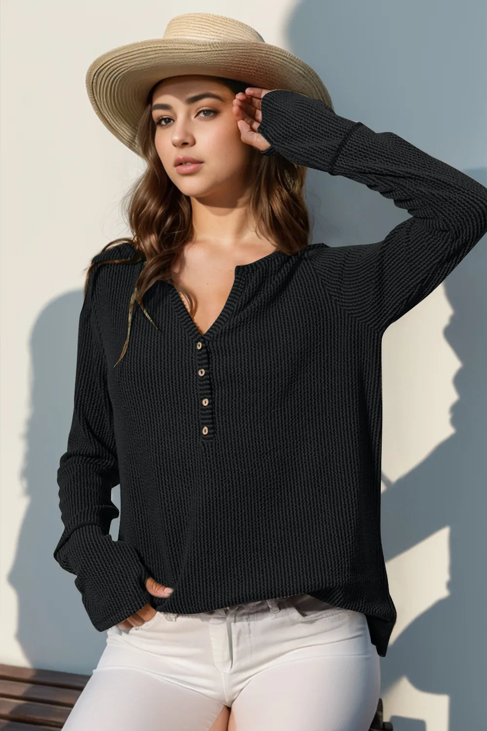 Double Take Full Size Notched Thumbhole Long Sleeve T-Shirt | STAHlin RADIANCE