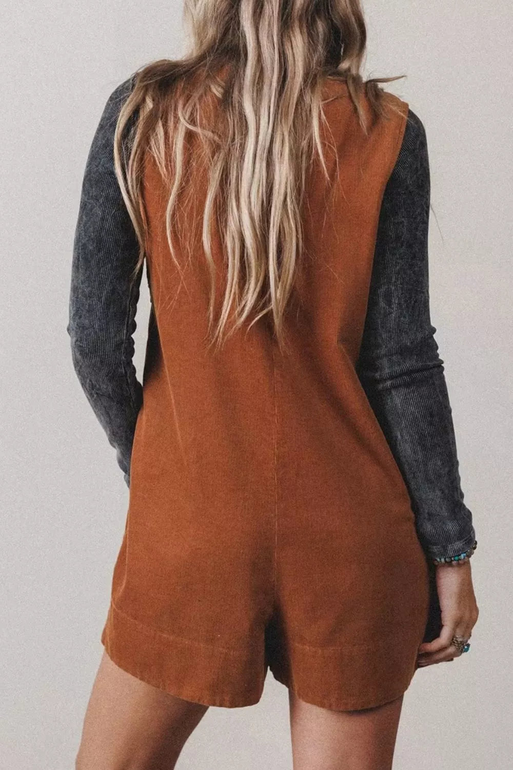 Solid Color Tie V Neck Sleeveless Corduroy Romper | STAHlin RADIANCE