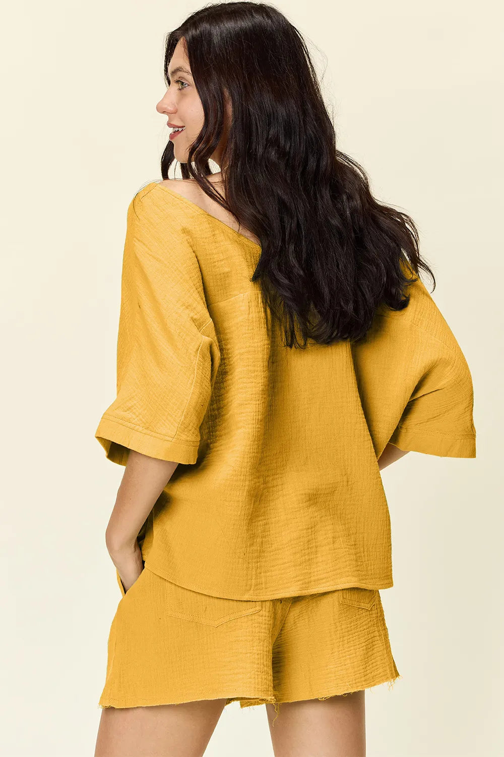 Double Take Texture Half Sleeve T-Shirt and Drawstring Shorts Set | STAHlin RADIANCE