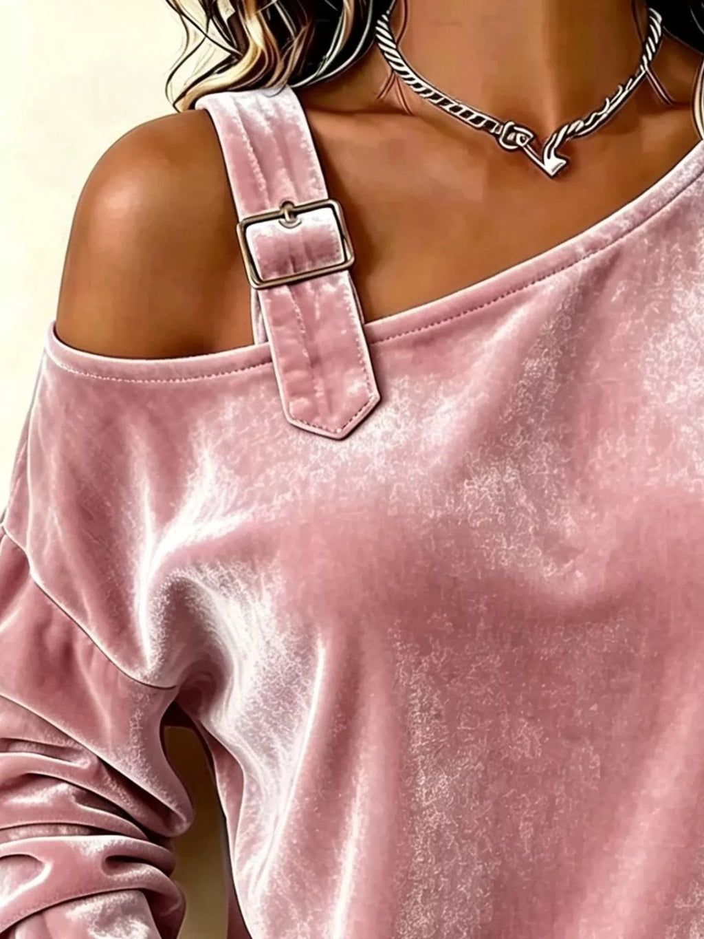Full Size Velvet Buckle Detail Asymmetrical Neck Blouse Plus Size | STAHlin RADIANCE