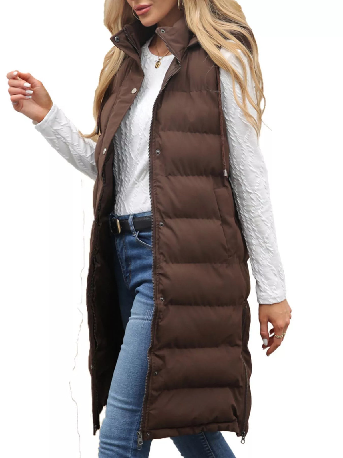 Full Size Snap Down Hooded Padded Longline Vest Coat Plus Size | STAHlin RADIANCE