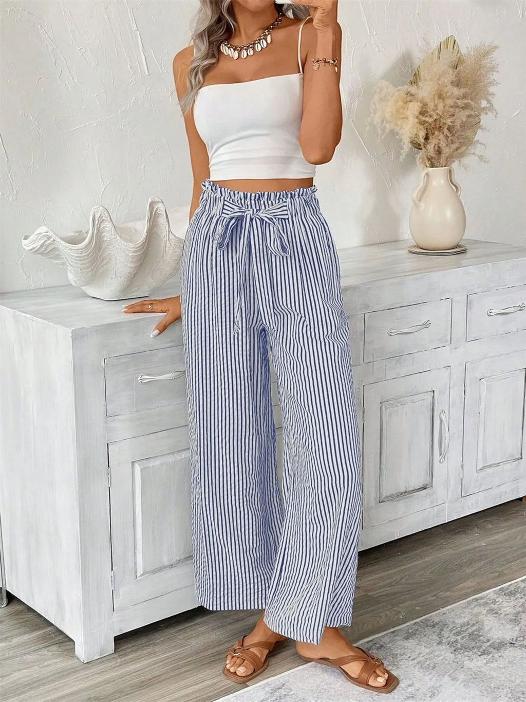 Full Size Striped Wide Leg Paper Bag Pants Plus Size | STAHlin RADIANCE