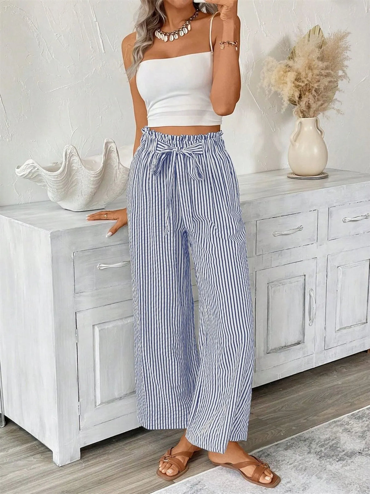 Full Size Striped Wide Leg Paper Bag Pants Plus Size | STAHlin RADIANCE