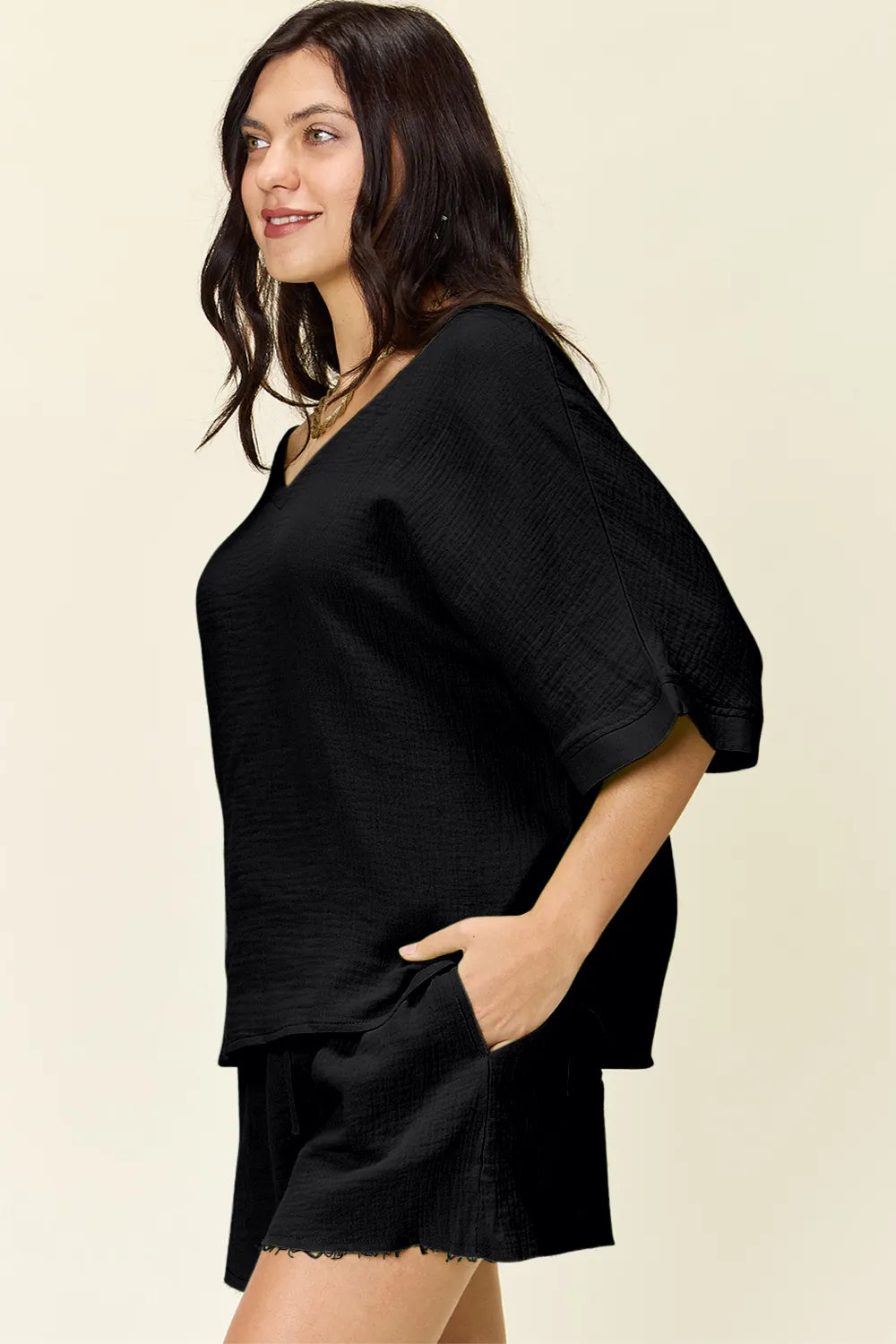 Double Take Texture Half Sleeve T-Shirt and Drawstring Shorts Set | STAHlin RADIANCE