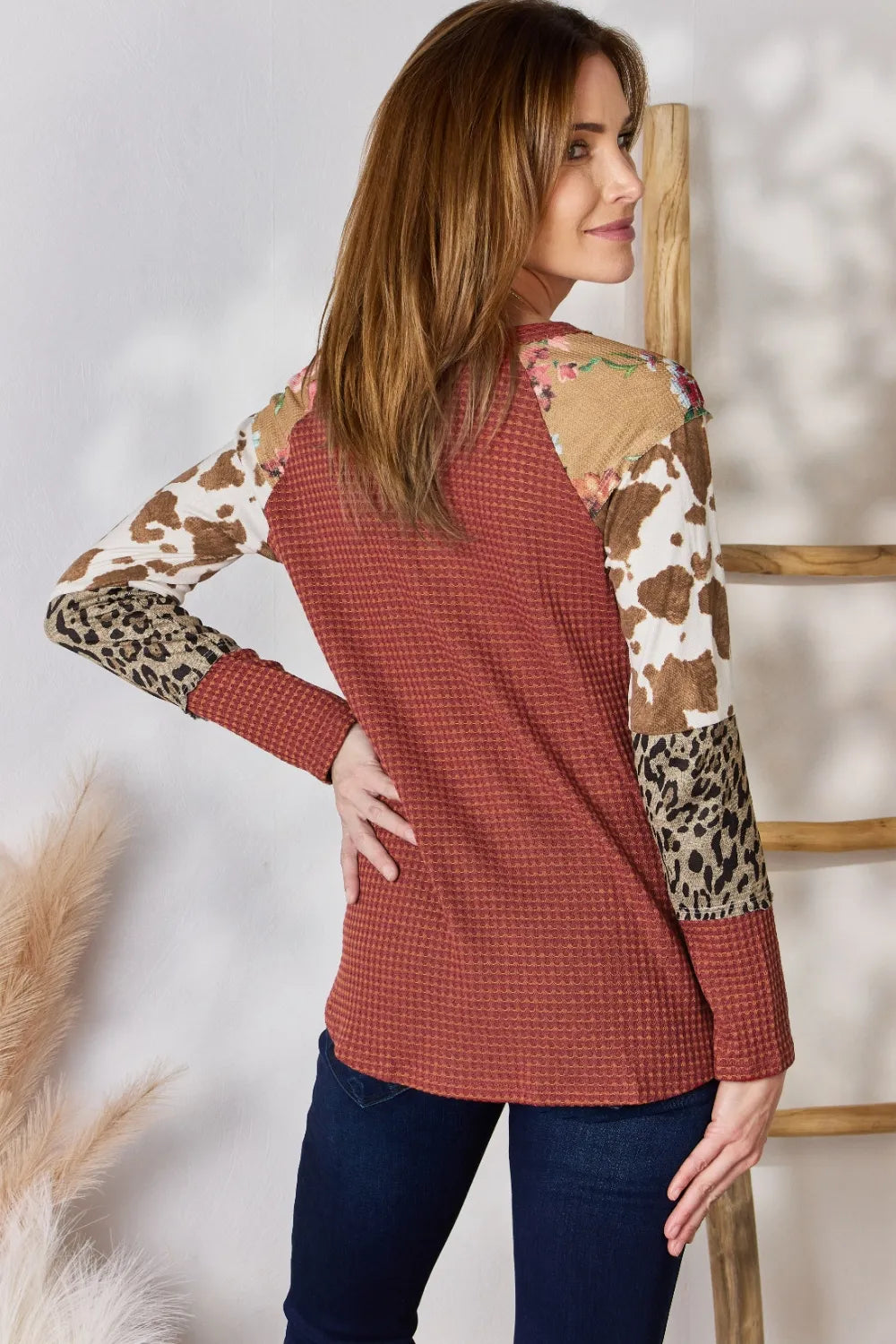 Hailey & Co Full Size Leopard Waffle-Knit Blouse | STAHlin RADIANCE