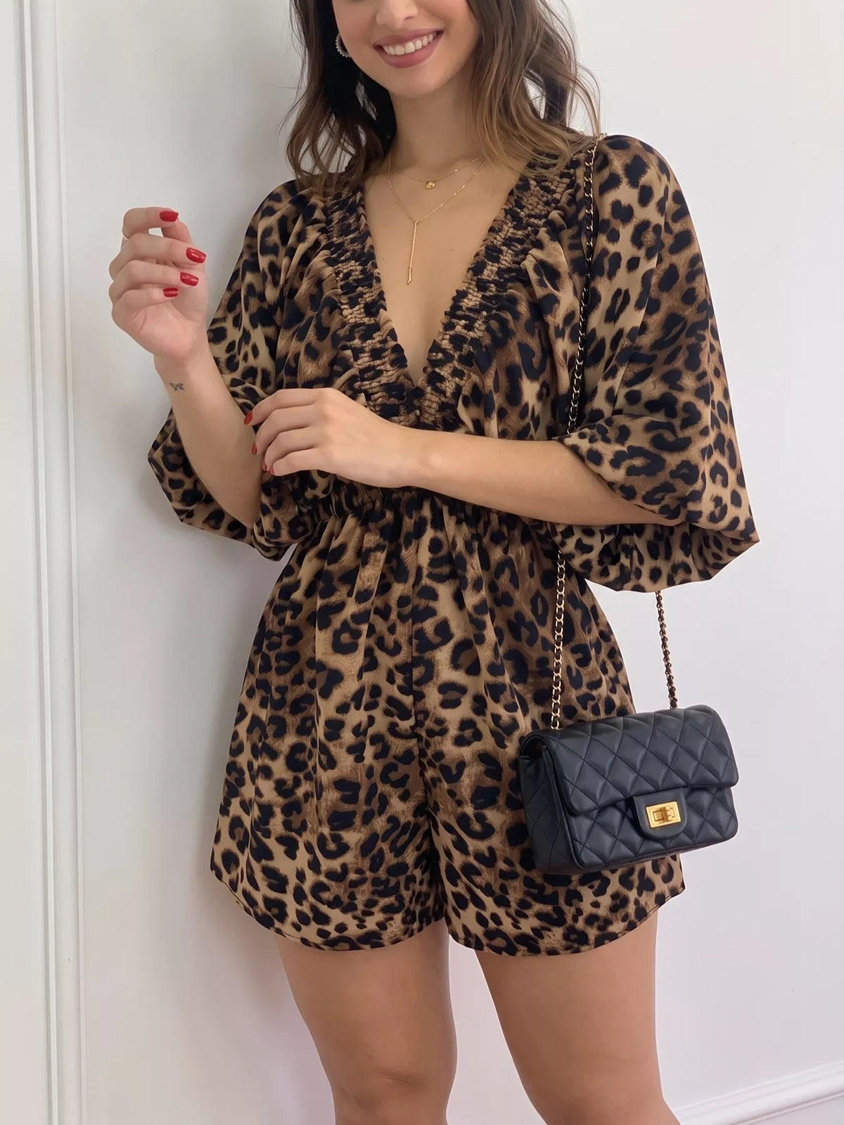 V-Neck Leopard Print Puff Sleeve Romper | STAHlin RADIANCE