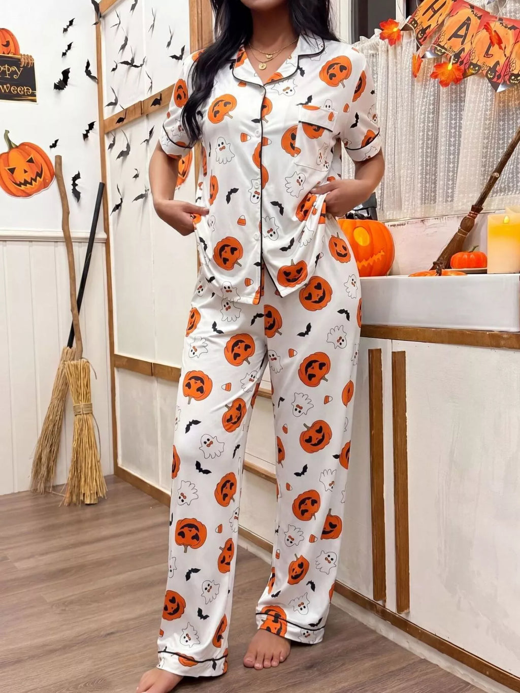 Halloween Pumpkin Print Button-Down Top and Pants Set | STAHlin RADIANCE