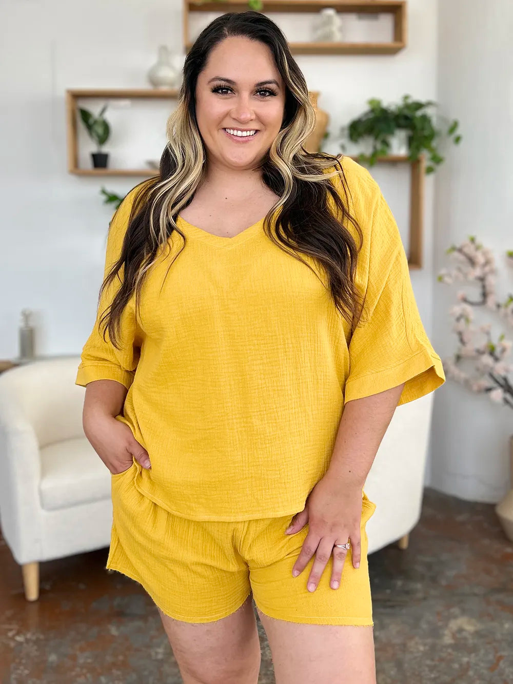 Double Take Texture Half Sleeve T-Shirt and Drawstring Shorts Set | STAHlin RADIANCE