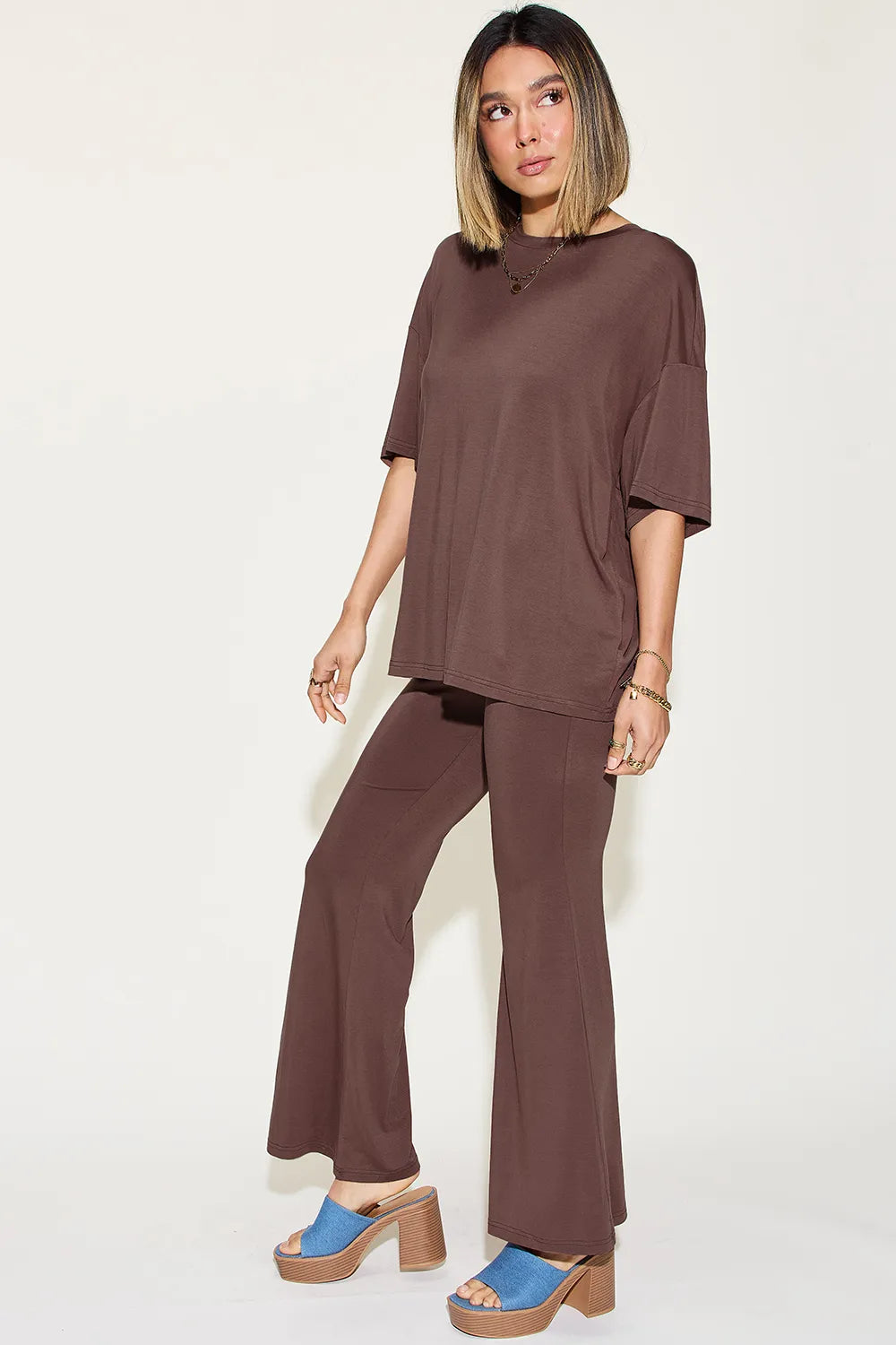 Basic Bae Full Size Bamboo Drop Shoulder T-Shirt and Flare Pants Set | STAHlin RADIANCE