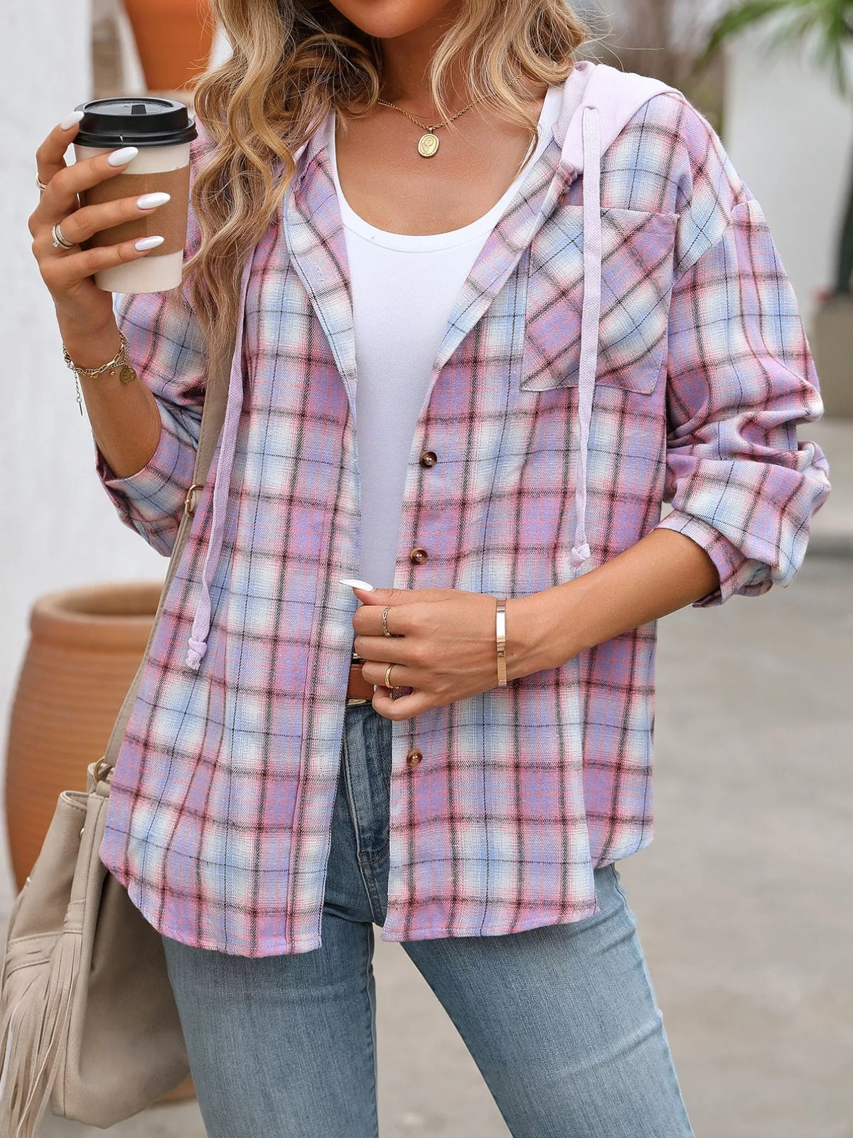 Plaid Button-Up Hooded Shirt with Chest Pocket | STAHlin RADIANCE