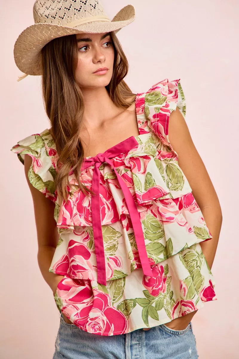 BiBi Floral Print Woven Bow Tie Ruffle Square Neck Top | STAHlin RADIANCE