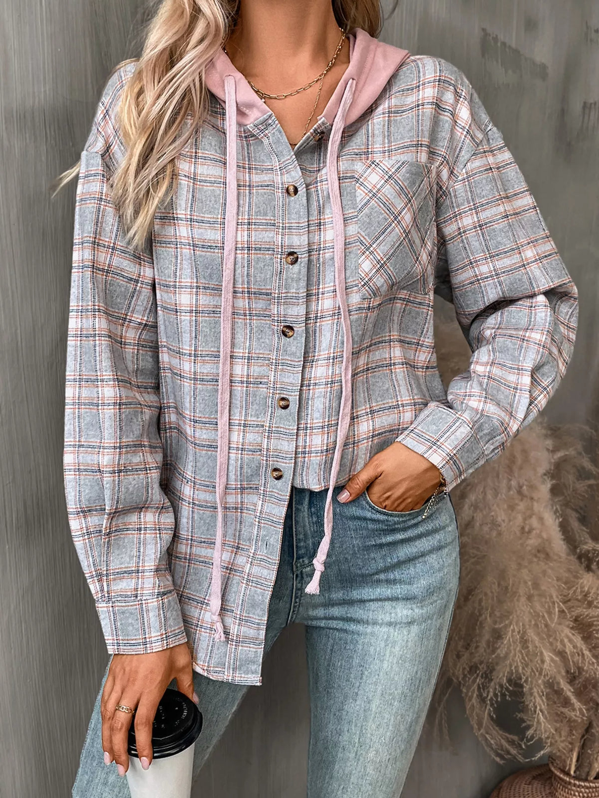 Plaid Button-Up Hooded Shirt with Chest Pocket | STAHlin RADIANCE