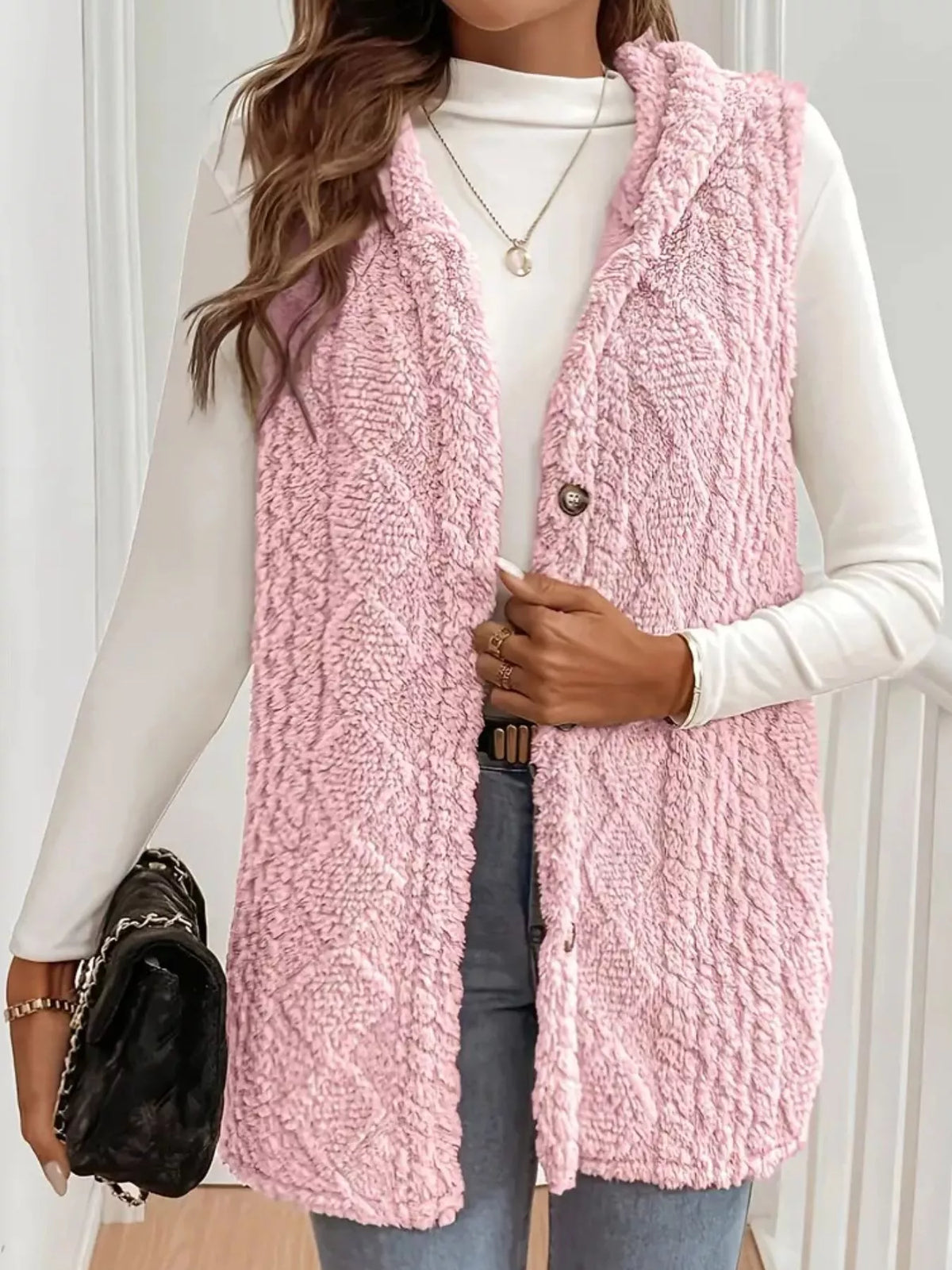 Hooded Button-Up Sherpa Vest Coat | STAHlin RADIANCE