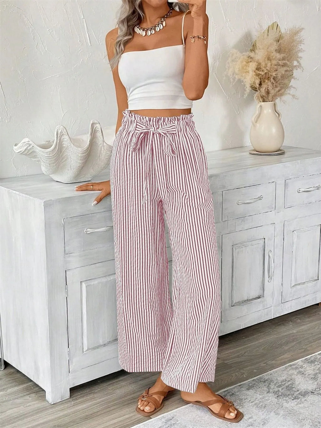 Full Size Striped Wide Leg Paper Bag Pants Plus Size | STAHlin RADIANCE