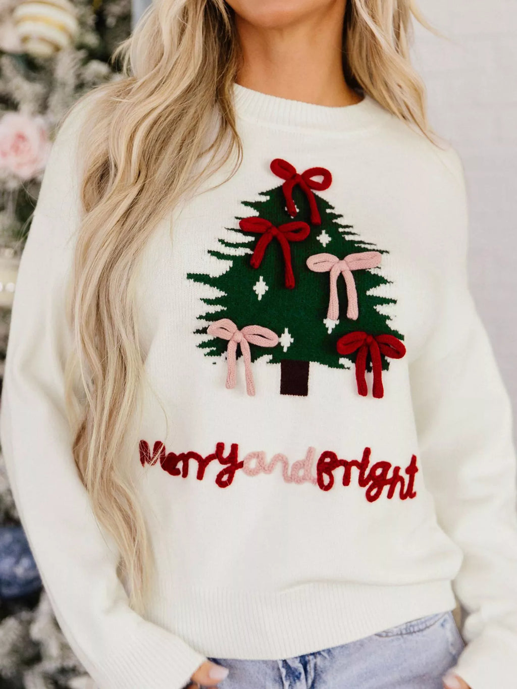 Christmas Tree Bow Drop Shoulder Knit Sweater | STAHlin RADIANCE
