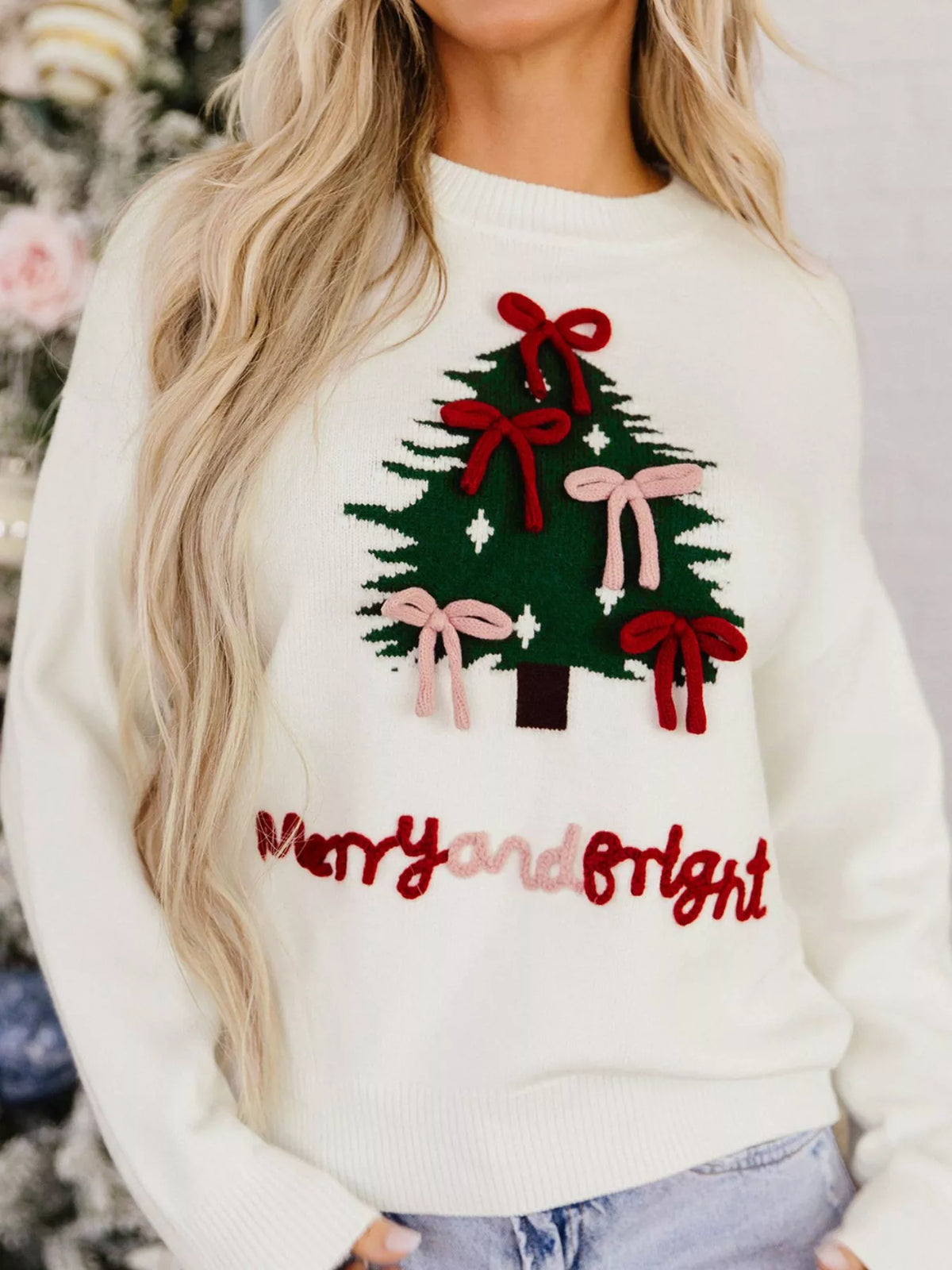 Christmas Tree Bow Drop Shoulder Knit Sweater | STAHlin RADIANCE