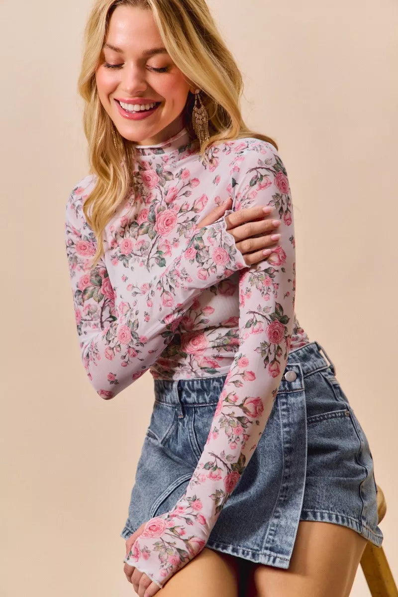SO ME Floral Rose Print Mesh Sheer Layering Top | STAHlin RADIANCE