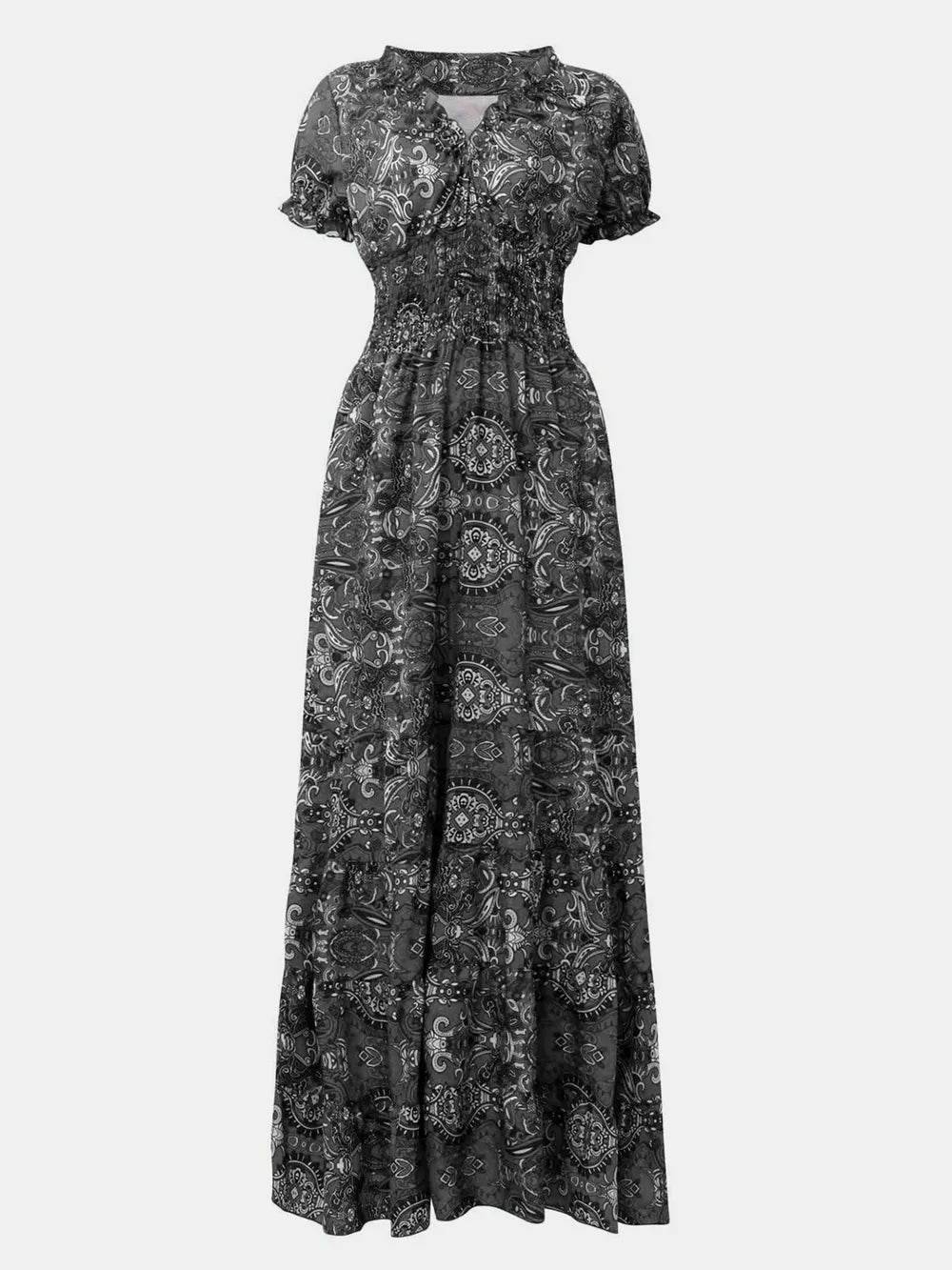 Full Size Smocked Printed V-Neck Short Sleeve Dress | STAHlin RADIANCE
