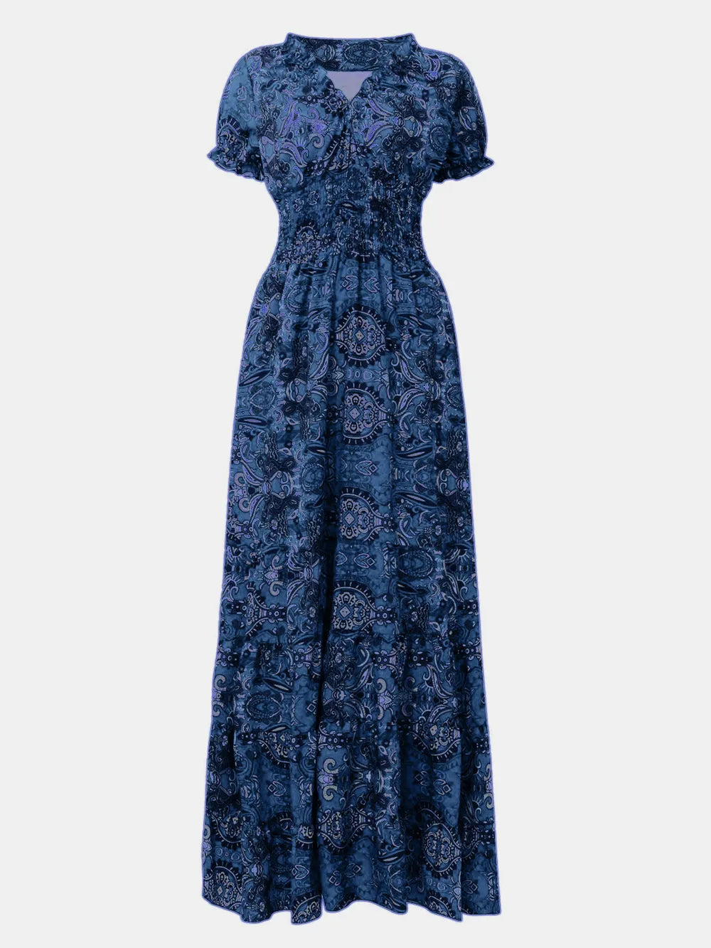 Full Size Smocked Printed V-Neck Short Sleeve Dress | STAHlin RADIANCE