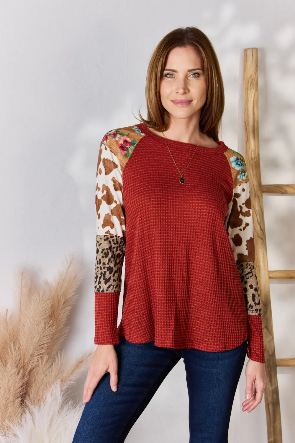 Hailey & Co Full Size Leopard Waffle-Knit Blouse | STAHlin RADIANCE