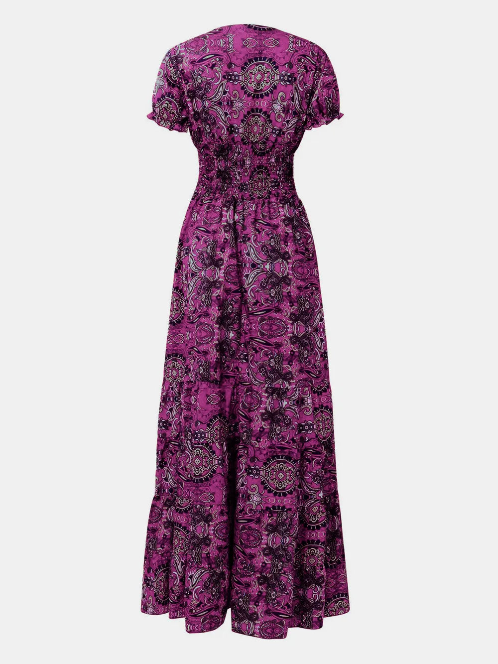Full Size Smocked Printed V-Neck Short Sleeve Dress | STAHlin RADIANCE