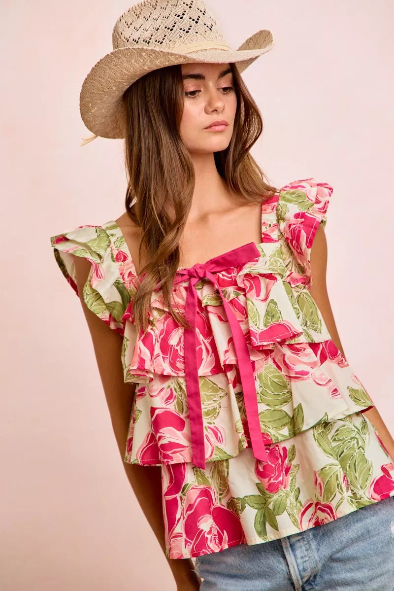 BiBi Floral Print Woven Bow Tie Ruffle Square Neck Top | STAHlin RADIANCE