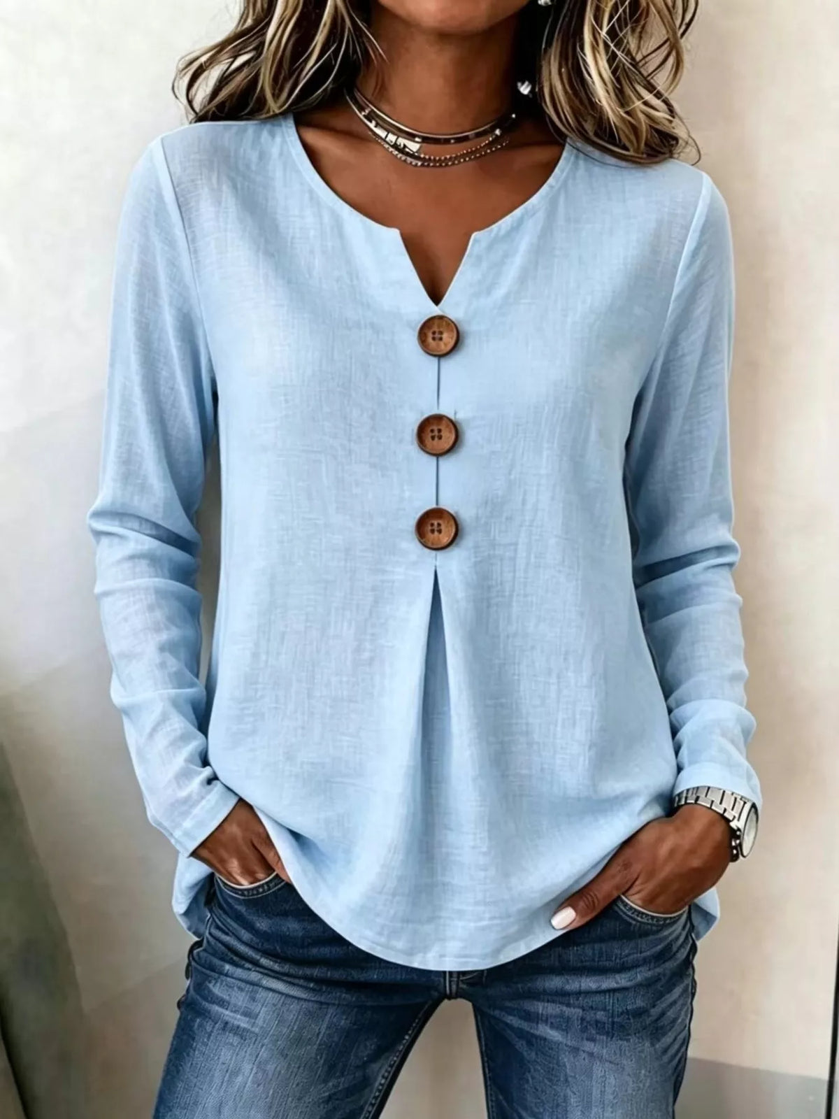 Full Size Decorative Button Long Sleeve Blouse Plus Size | STAHlin RADIANCE