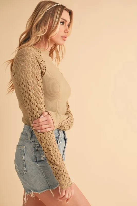 Aemi+Co Mock Neck Ribbed Knit Top with Crochet Sleeve | STAHlin RADIANCE