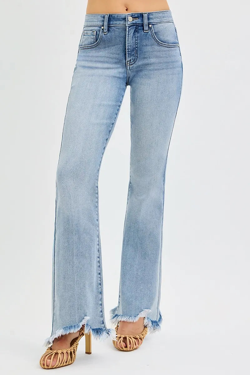 RISEN Full Size Tummy Control Mid Rise Flare Jeans with Fray Hem Detailed Plus Size | STAHlin RADIANCE