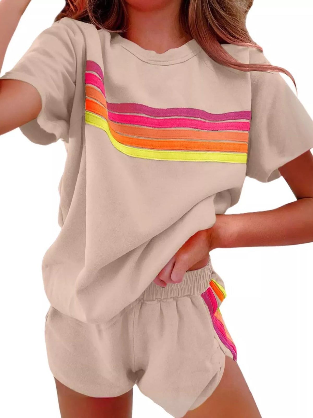 Rainbow Striped Round Neck Top and Shorts Set | STAHlin RADIANCE