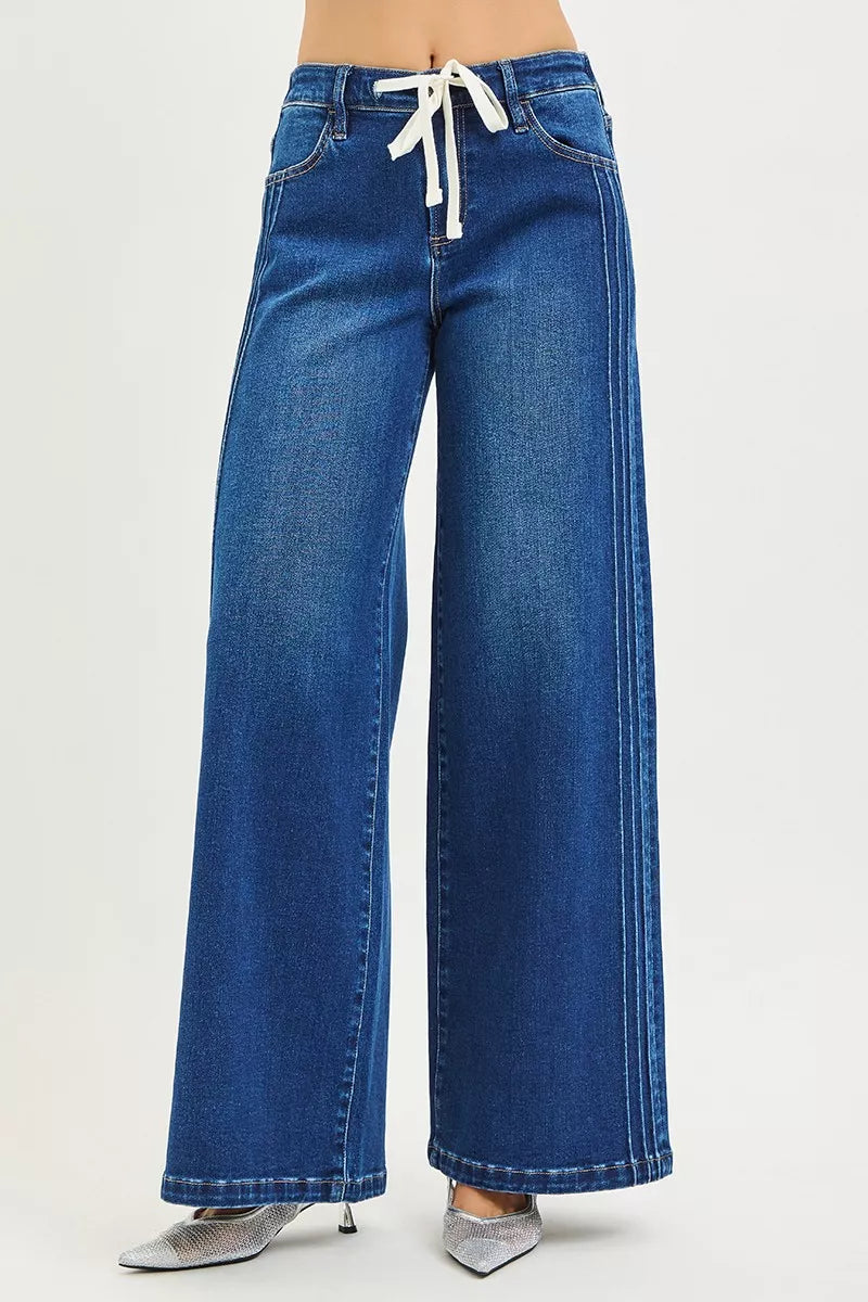 RISEN Full Size Mid Rise Wide Side Pintuck Jeans with Front Drawstring Plus Size | STAHlin RADIANCE