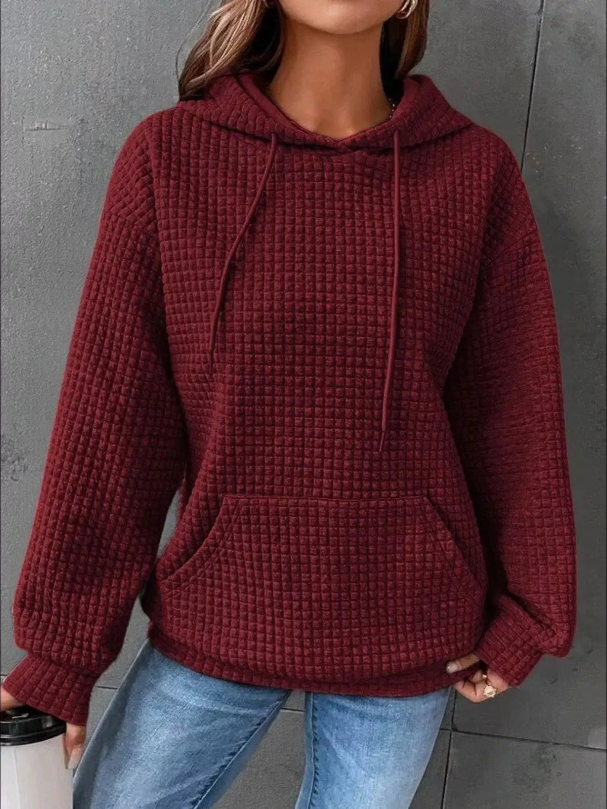 Full Size Textured Kangaroo Pocket Hoodie Plus Size | STAHlin RADIANCE