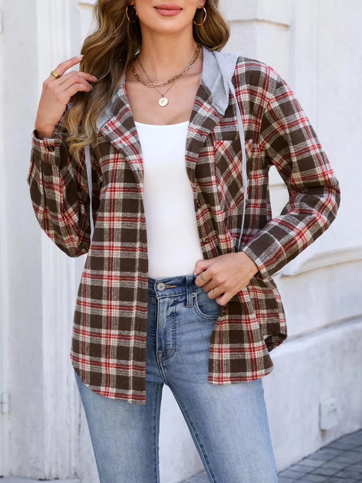 Hooded Plaid Button-Up Shacket | STAHlin RADIANCE