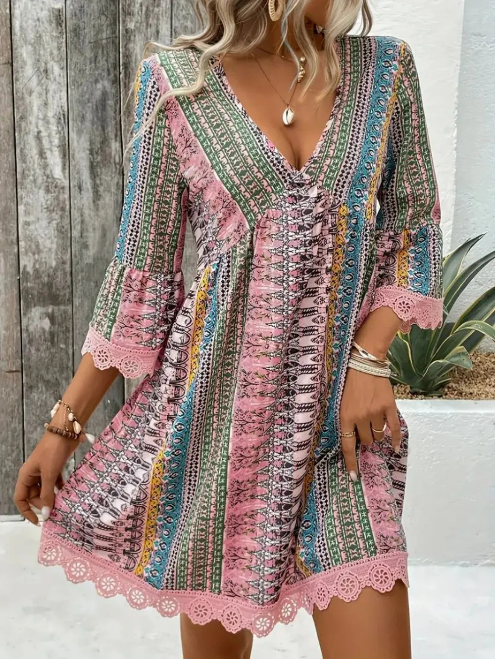 Lace Trim Printed V-Neck 3/4 Sleeve Dress | STAHlin RADIANCE