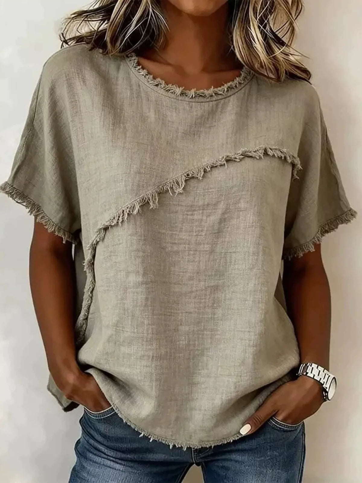 Full Size Frayed Hem Short Sleeve Top Plus Size | STAHlin RADIANCE