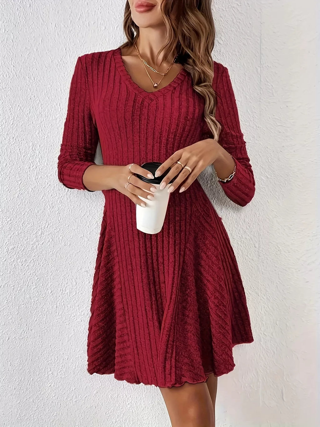V-Neck Ribbed Knit Flared Knit Dress | STAHlin RADIANCE