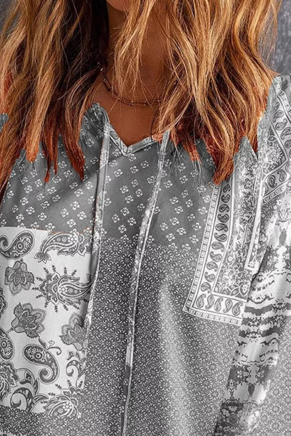 Full Size Paisley Print Tie-Neck Long Sleeve Blouse Plus Size | STAHlin RADIANCE